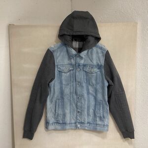 nova industries men’s L jean jacket hooded distressed button up knit hood sleeve